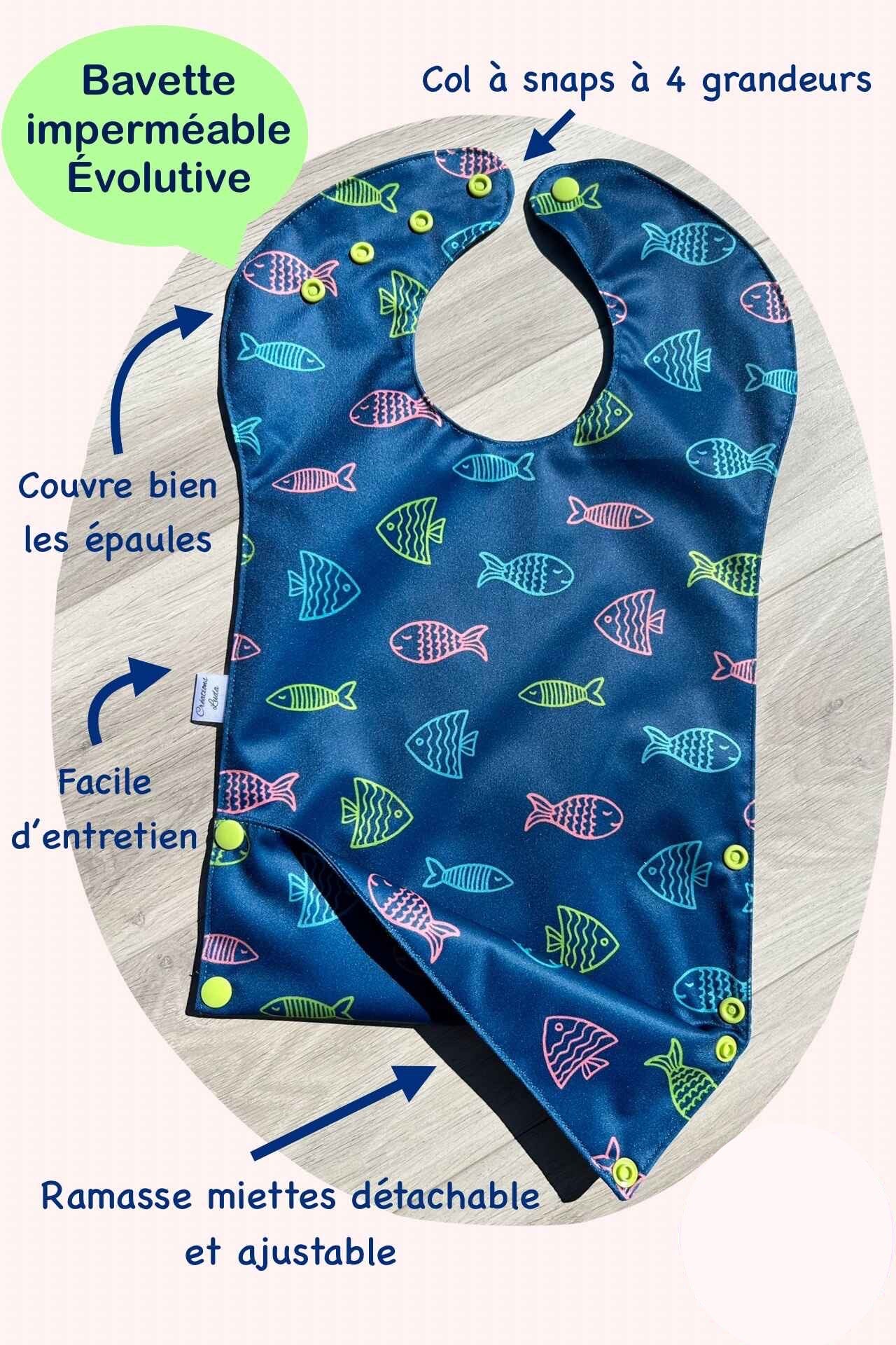 Bavette imperméable évolutive 1 à 4 ans :  noire et melons